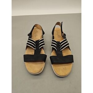 Abella True Comfort Paula Black White Striped Strappy Wedge Sandals 9.5